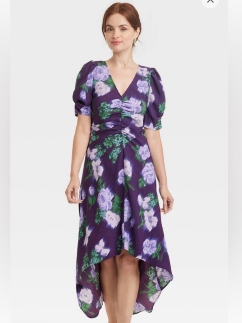 A New Day Crepe Short Sleeve Cinch Rouched Midi Hi Low Floral Dress Purple